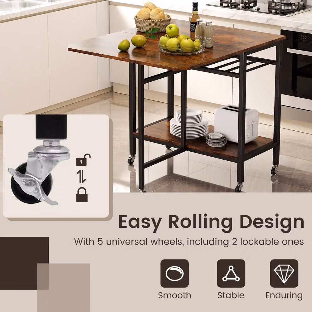 Gymax Expandable Industrial Dining Table with Wine Rack and Castors in Brown – 8