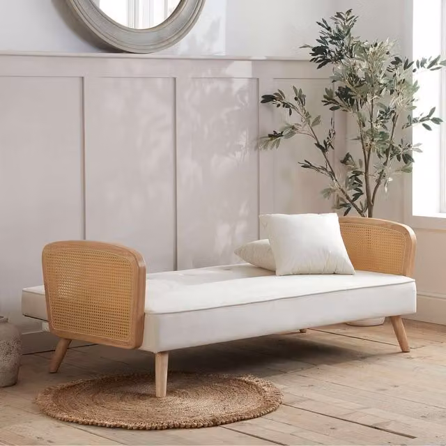 Birlea Lima 3 Seater Rattan Sofa Bed in White Boucle Fabric