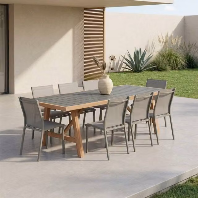 sweeek Modern Acacia Wood and Aluminium Garden Table with 8 Chairs in Khaki