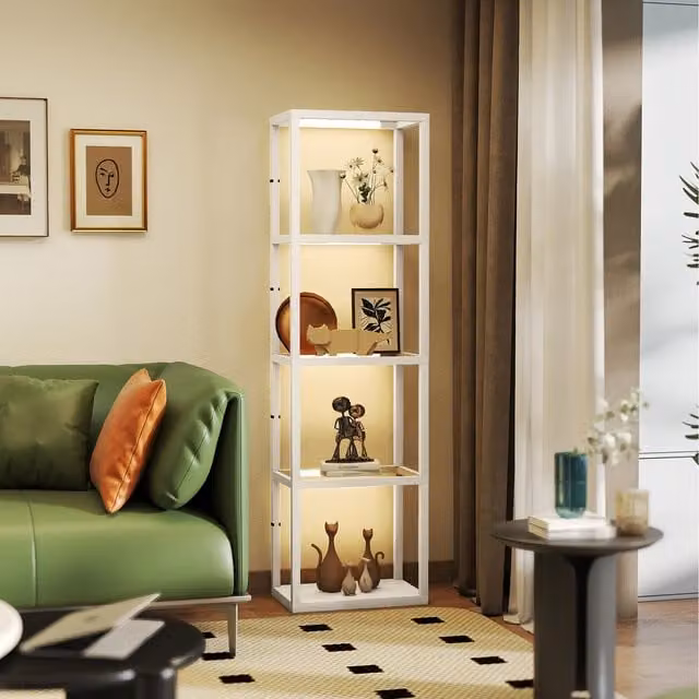 HOMCOM Dimmable LED Floor Lamp with Glass Shelves in White and Wood