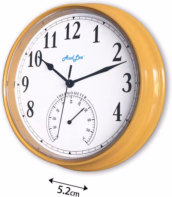 Audlee Round Analog Tub Wall Clock with Thermometer in Mustard Yellow