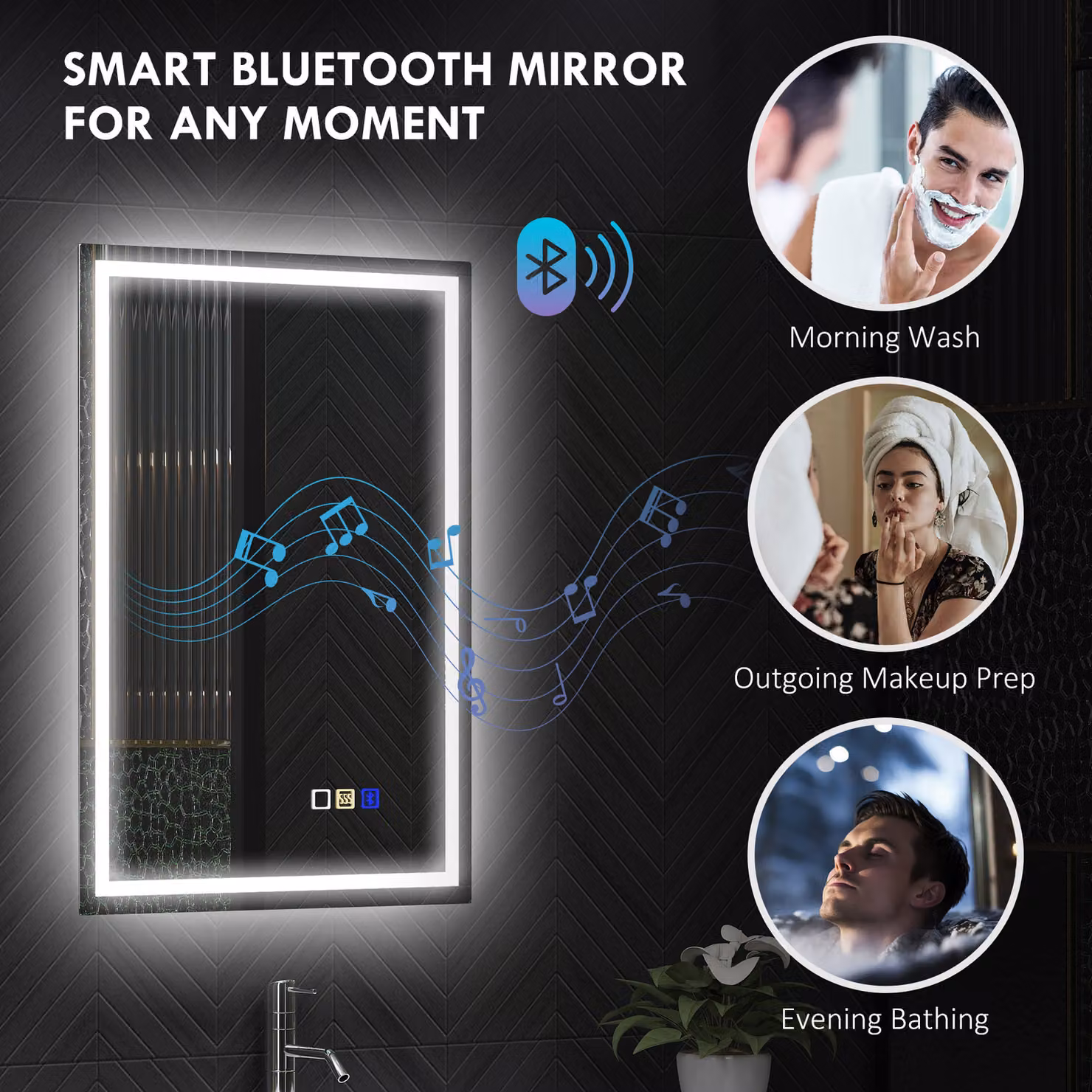 HOMCOM Silver LED Bathroom Mirror with Bluetooth, Anti-Fog and Touch Control, W: 50 cm, H: 70 cm – 5