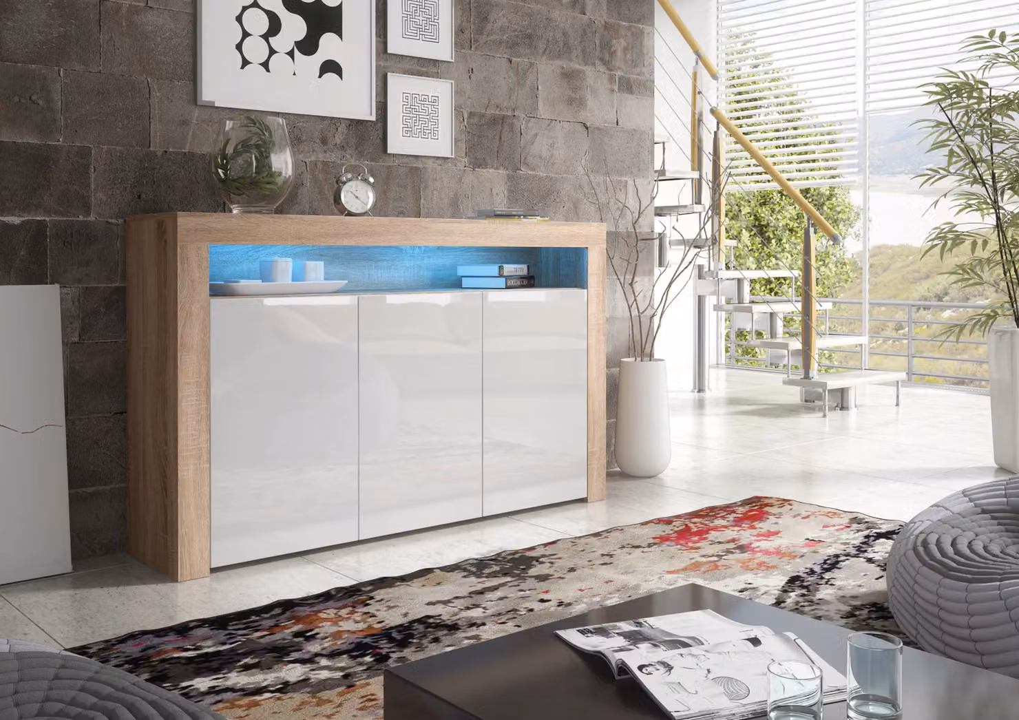 Mex Furniture LTD Modern Sideboard with Integrated LED Lighting and Gloss Doors, W: 155 cm, H: 92 cm, D: 40 cm – 2