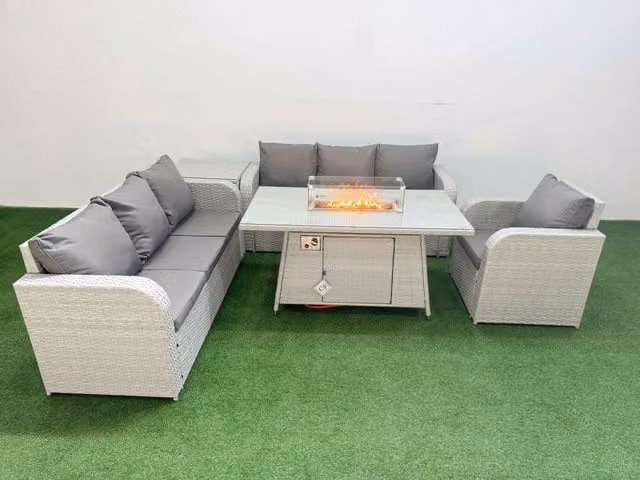 Fimous 7 Seater Poly Rattan Outdoor Garden Furniture Set with Firepit Dining Table, 3 Seater Sofa, 3 Reclining Chairs and Side Table in Grey