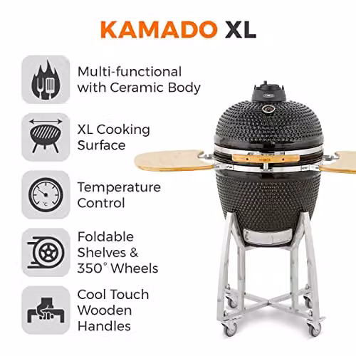 Tower Kamado XL Ceramic Charcoal BBQ with Collapsible Wooden Shelves, Built-in Thermometer and Waterproof Cover, Black – 2