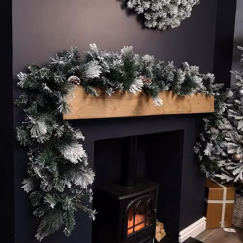 Samuel Alexander 2.7m Snow Flocked Christmas Garland with Pine Cones and Mixed Needles in Green – 4