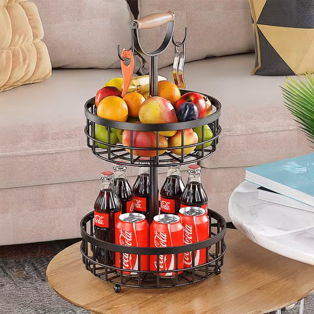 Livingandhome Black Metal and Wood Fruit Basket with Hangers and Wooden Handle
