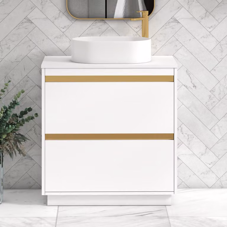 Royal Bathrooms Orion 800mm Matt White Floor Standing 2 Drawer Vanity Unit with Peak Basin and Brushed Brass Accent Trim