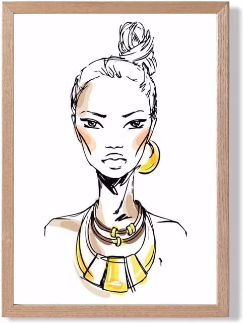 ARTZE Woman Face Pen and Ink Sketch Framed Print, Yellow and Multicolour, A3, Oak Frame