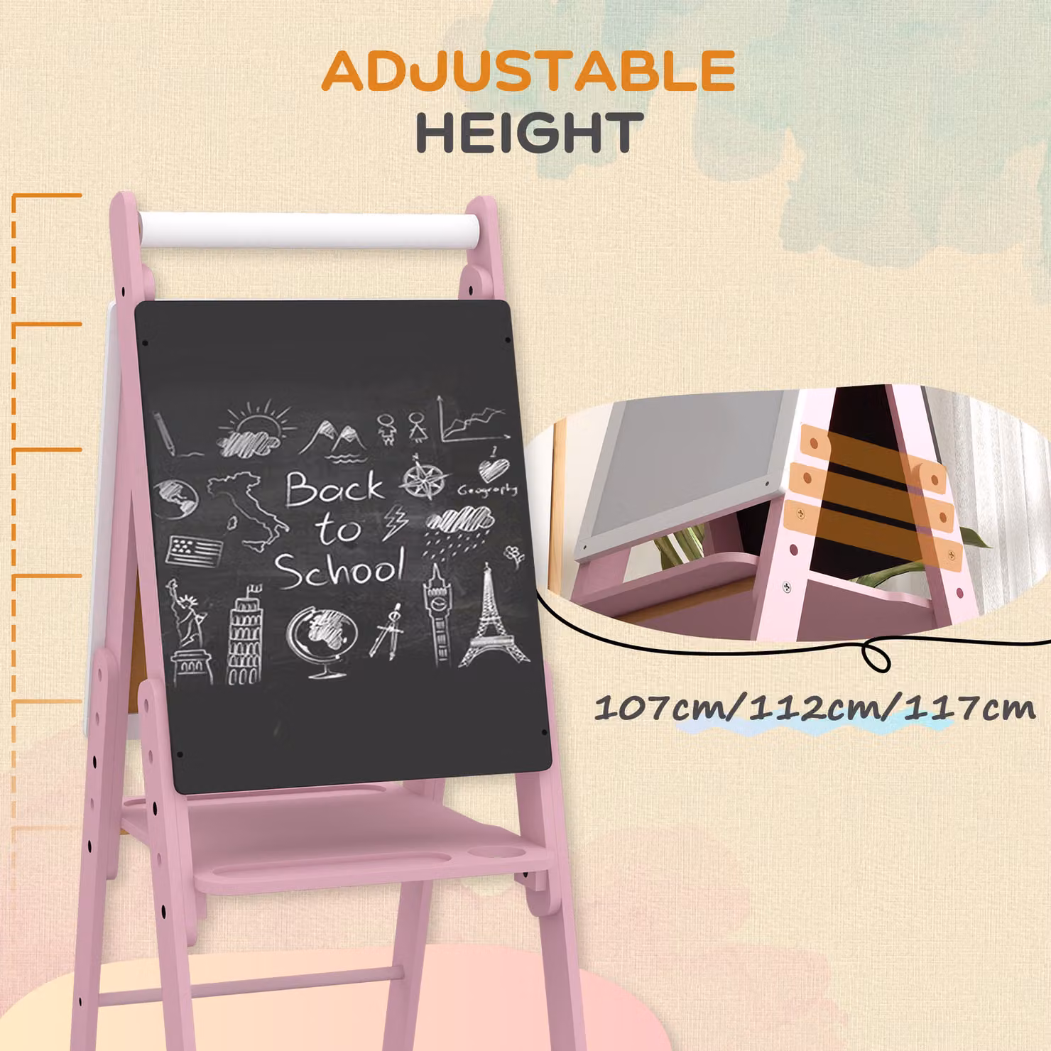 AIYAPLAY 3 in 1 Art Easel for Kids with Paper Roll, Height Adjustable Double-Sided Whiteboard and Chalkboard, Pink and White – 3