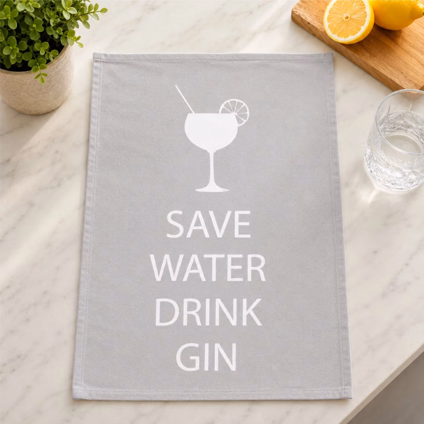 60 Second Makeover Limited Grey Save Water Drink Gin Cotton Tea Towel – 2