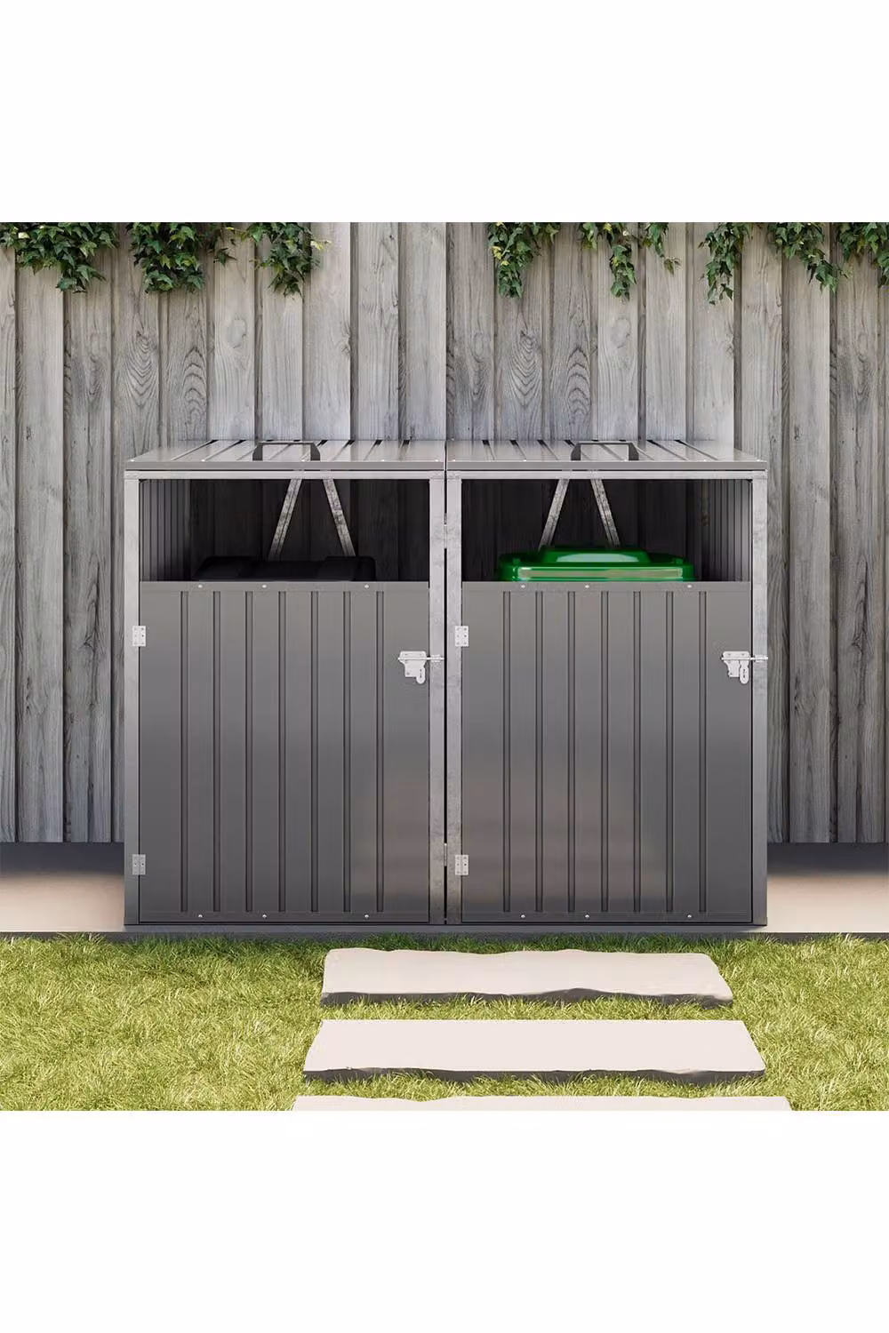 Living and Home Lockable Double Outdoor Trash Bin Shed in Grey Steel – 2