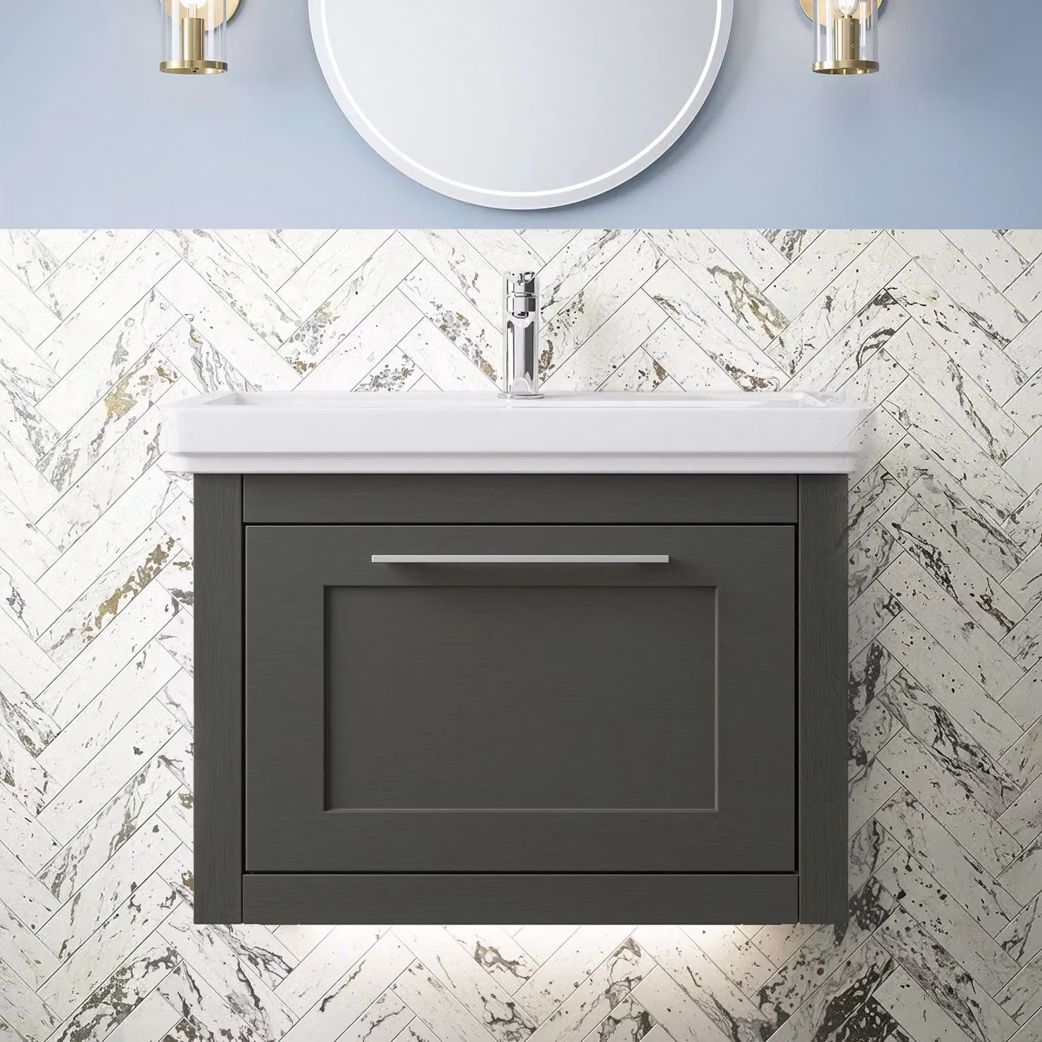 Balterley Wall Hung 1 Drawer Vanity Unit and 1TH Fireclay Basin, Dark Grey and White, Width: 60 cm – 5