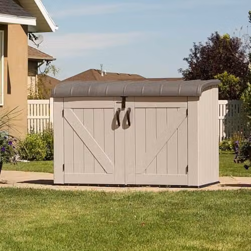 LIFETIME 60170 Heavy Duty Low Plastic Garden Storage Box in Desert Sand and White, W/D/H: 183.0 x 122.0 x 42.0 cm – 2