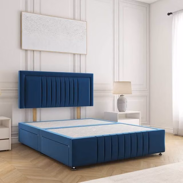 BSSPOKE Lily Super King Plush Velvet Divan Bed with 24 inch Headboard in Blue, W/D/H: 200 x 200 cm