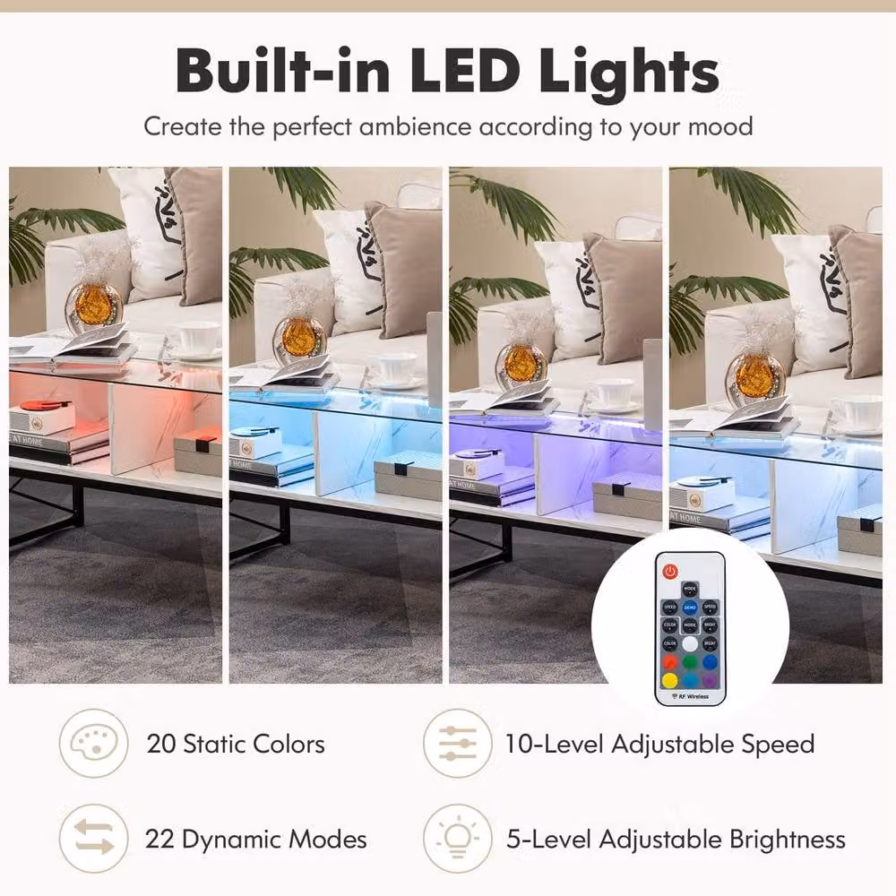 Costway Modern High-Gloss LED Coffee Table with Glass Top in White – 4