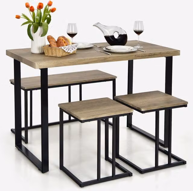 COSTWAY 4 Piece Industrial Breakfast Table and Chair Set in Brown
