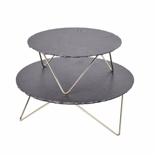 Artesà Tiered Serving Platter with 2 Round Grey Slate Stands and Gold Metal Legs, W/D/H: 30.5 x 30.5 x 24 cm