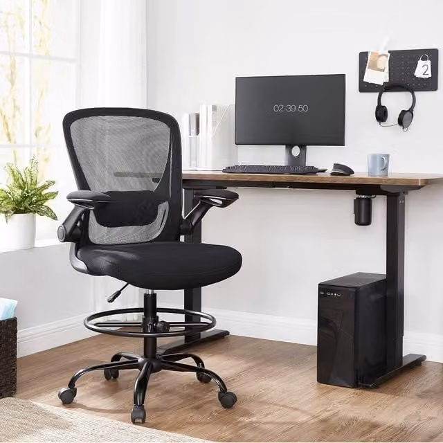 The Bazaarist Black Drafting Office Chair with Flip Up Arms and Footrest