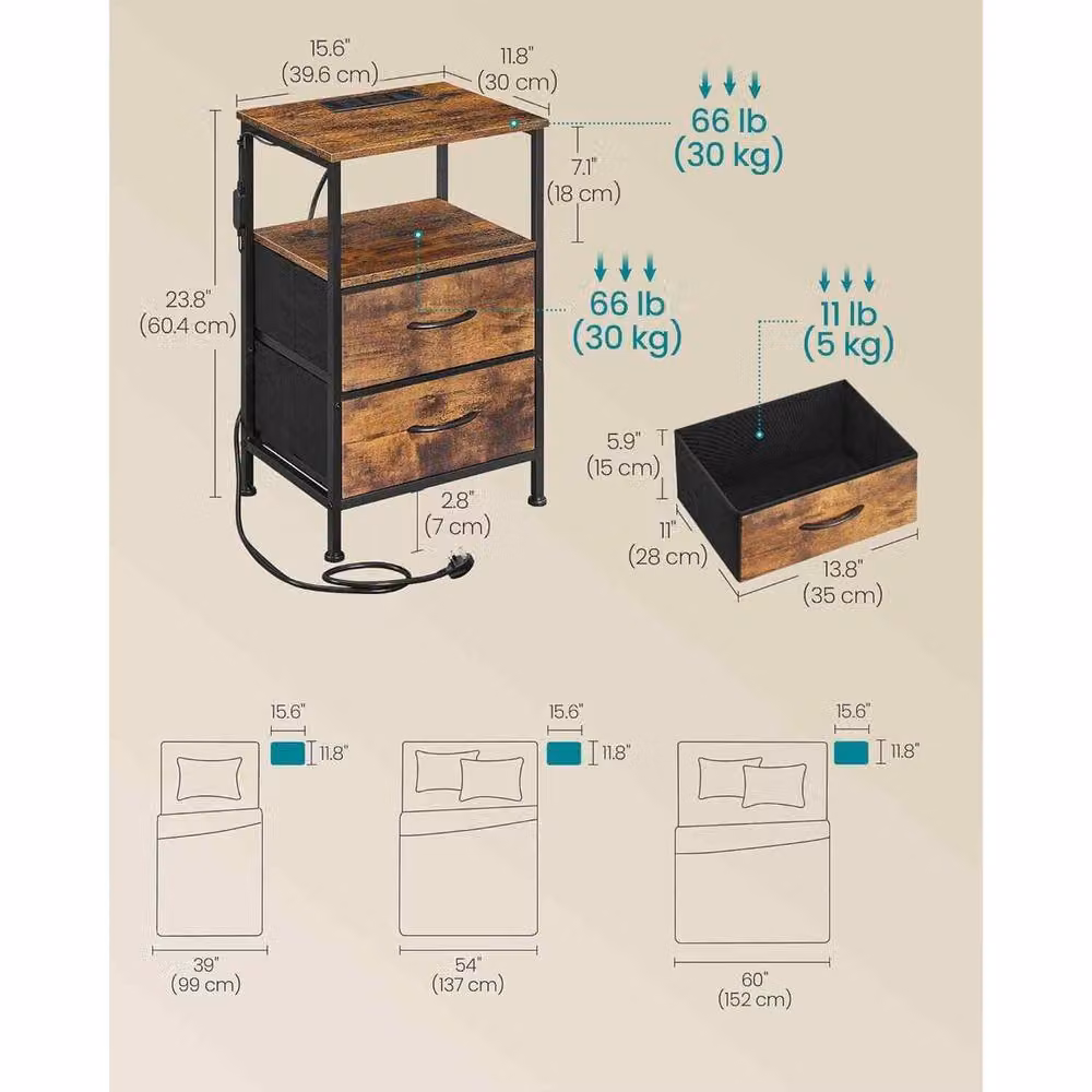 The Bazaarist Set of 2 Modern Brown Wood Bedside Tables with Integrated LED Lighting and Charging Station – 3