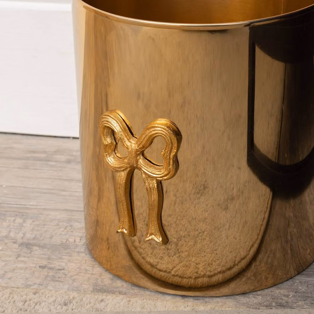 Melody Maison Round Shiny Gold and Black Metal Bow Waste Bin – 3