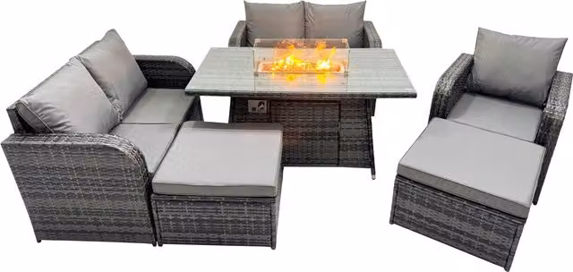 Fimous 7-Seater Rattan Patio Dining Set with Gas Fire Pit Table and 2 Footstools in Dark Grey Mixed