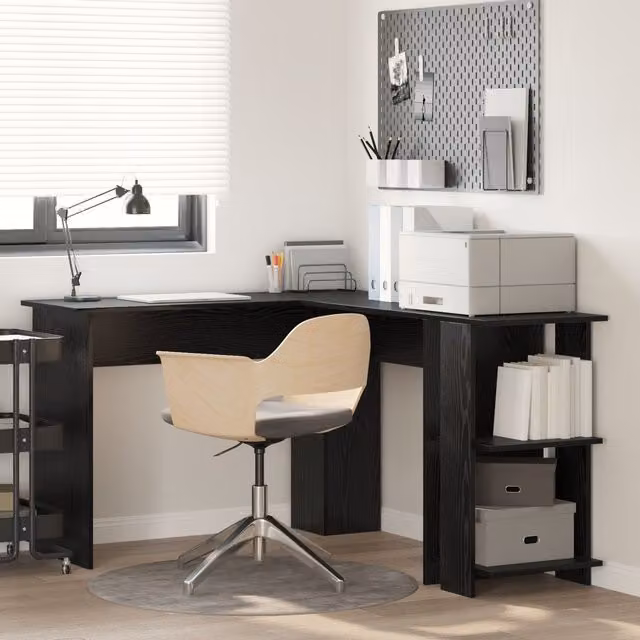 Berkfield Home Black Oak Corner Desk with Storage Shelf in Black