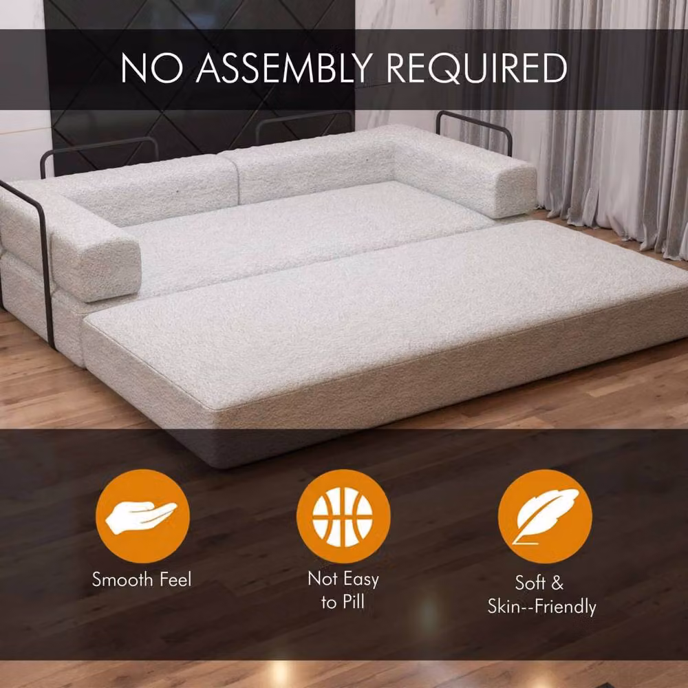 Sliding Wardrobes 4U 3 Seater Convertible Sofa Bed in White Sherpa Bouclé Fabric with Metal Frame, W/D/H: 203 x 72 x 72 cm – 2