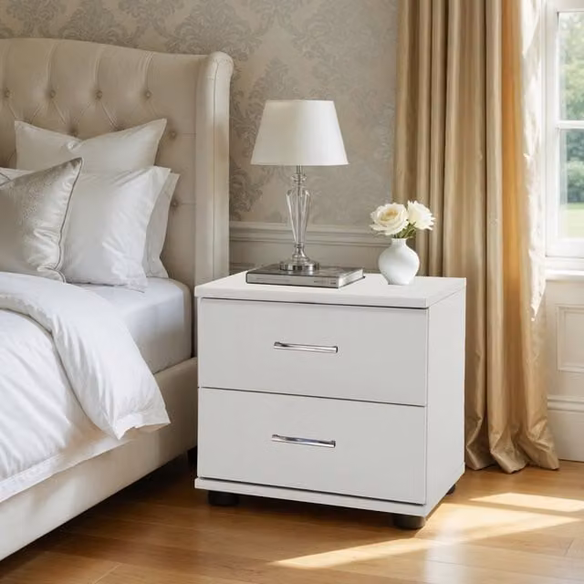 KDMD Modern White 2 Drawer Bedside Cabinet
