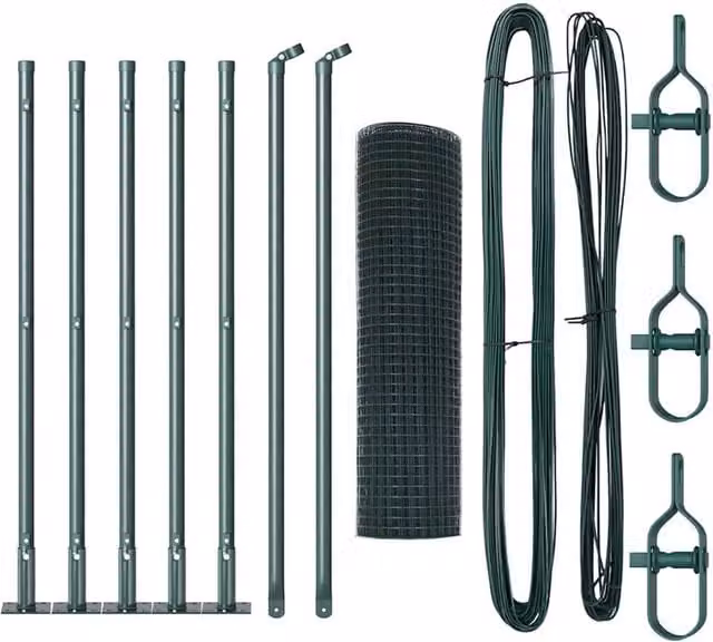Berkfield Home Green Powder-Coated Steel Welded Wire Fence with 7 Flanged Round Posts, W: 10 m, H: 0.6 m – 1