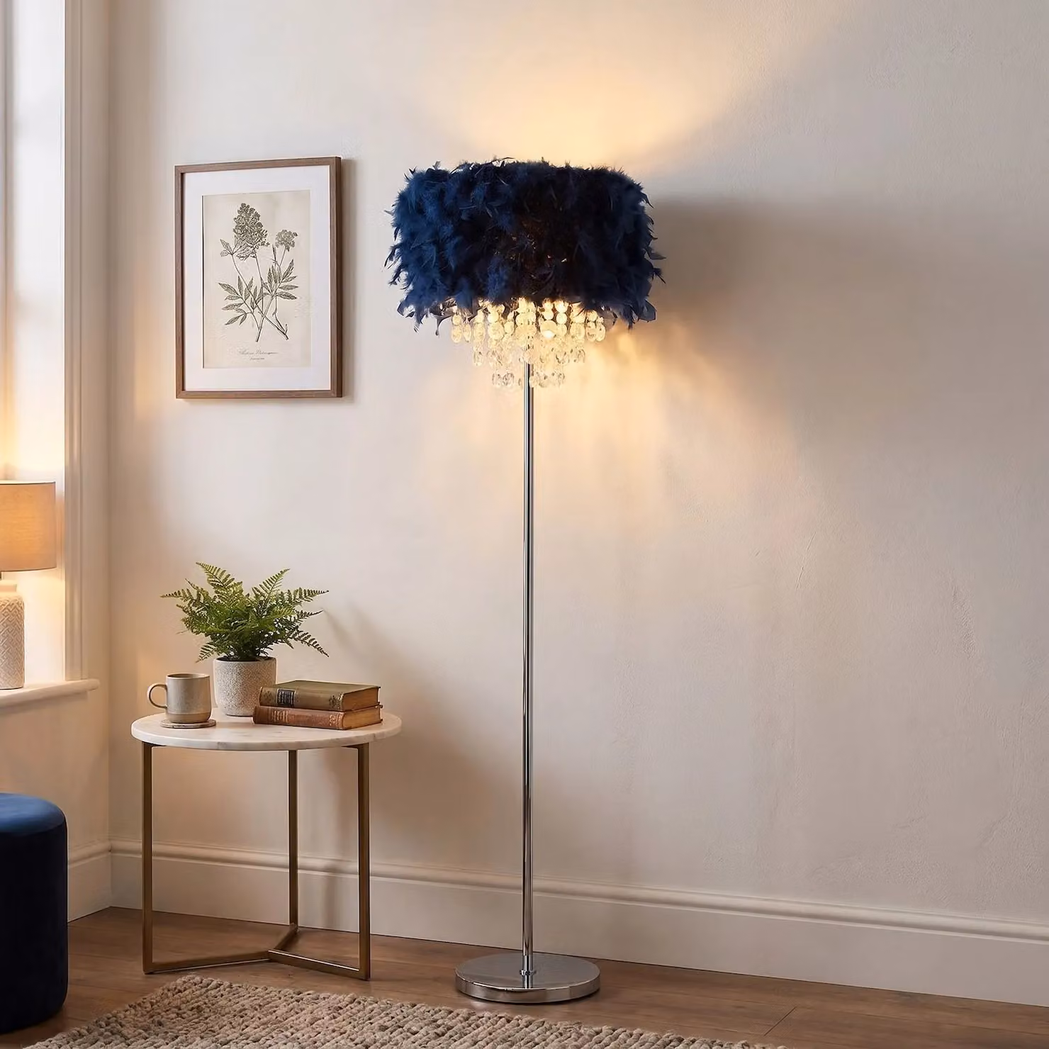 Happy Homewares Modern Blue Feather Floor Lamp with Transparent Acrylic Droplets and Chrome Finish – 3