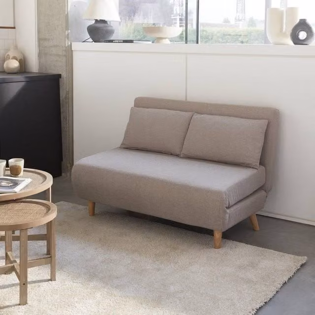 sweeek Scandi-style 2-Seater Folding Sofa Bed in Beige with Scatter Cushions – 1