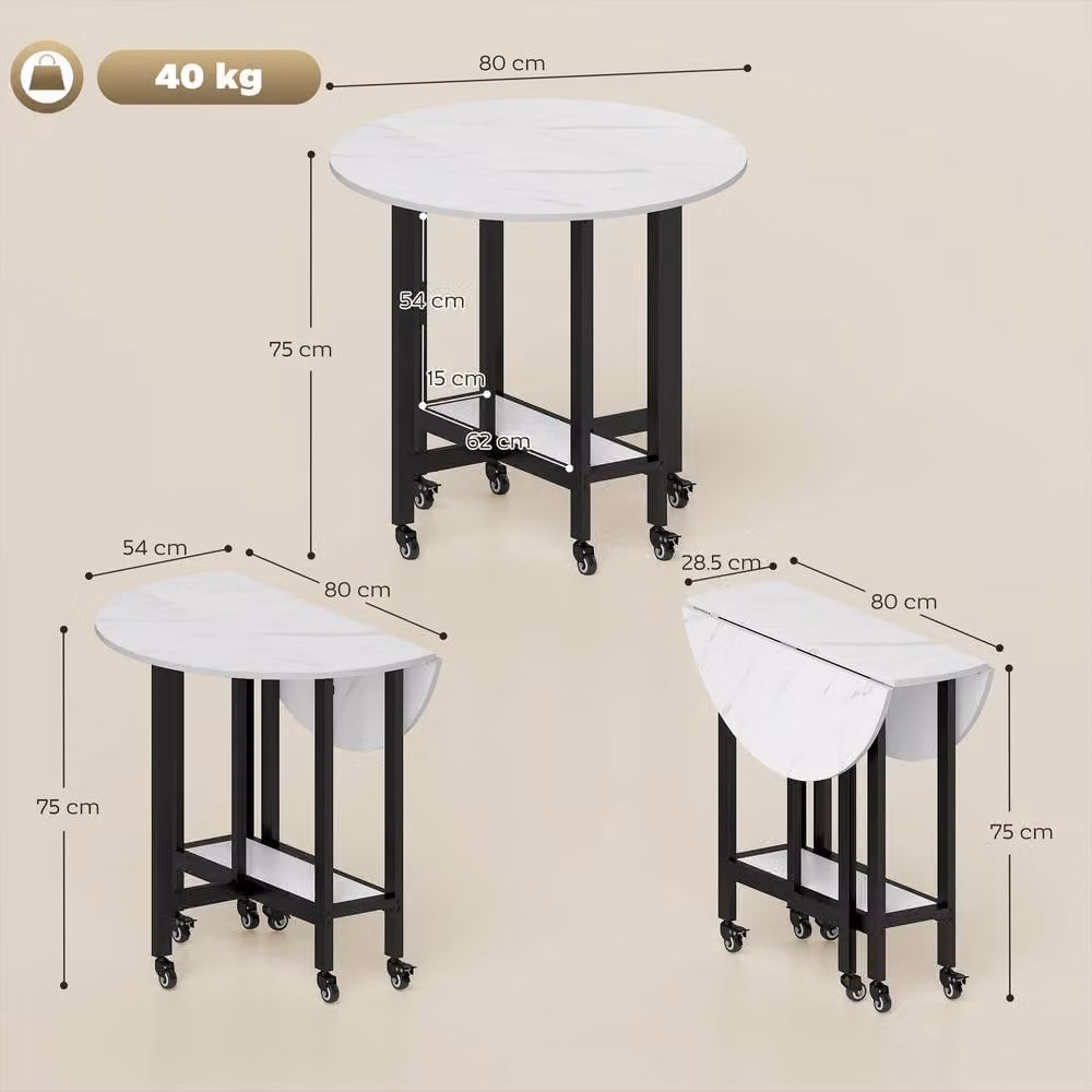 STILVORA Folding Dining Table with Shelf and Lockable Wheels in White – 3