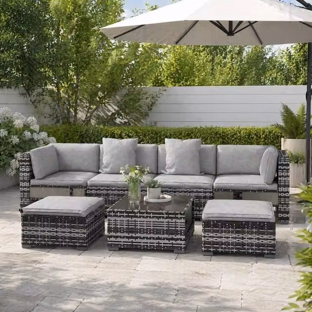 STILVORA 7-Piece Modern Sofa Set with Glass-Top Table in Grey