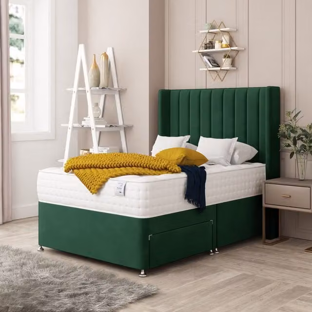 Bed Choices Regent Upholstered Velvet Divan Bed with 2 Drawers, Mattress and Headboard in Green, W/D/H: 120 x 200 cm
