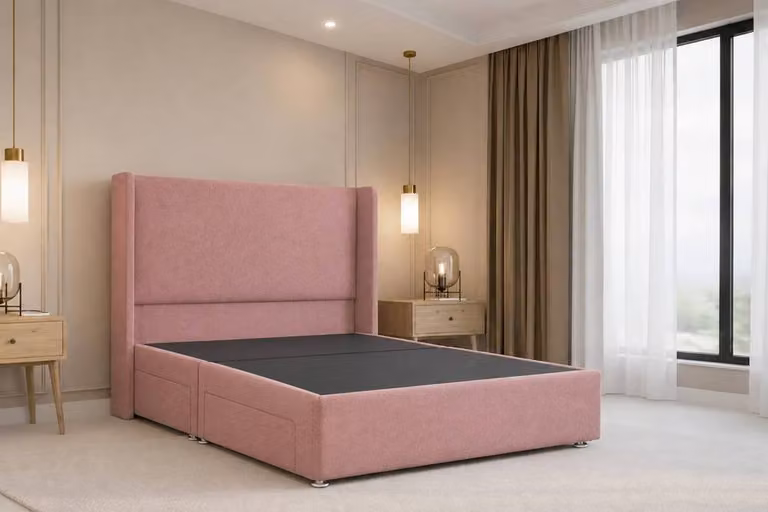 Chester & Oakley Velora Plush Divan Bed Base with Winged Headboard, Pink Velvet, W/D/H: 140 x 200 cm