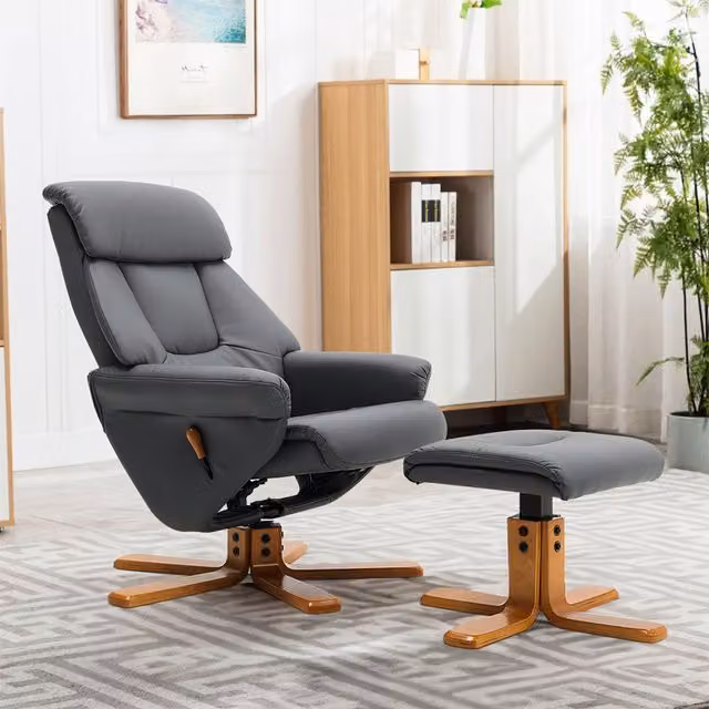 Livingandhome Grey Faux Leather Swivel Reclining Chair with Footstool