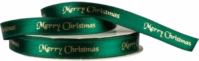 KDMD Green and Gold Merry Christmas Satin Ribbon 10mm