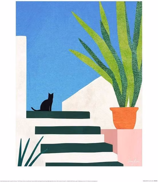 Henry Rivers Holiday Cat Paper Poster in Blue and Multicolour, W: 40 cm, D: 30 cm, H: 0.21 cm