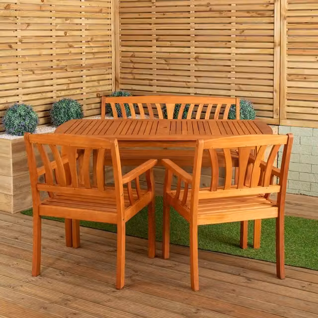 Samuel Alexander Brown Oiled Wood 4 Person Garden Dining Set with Table, 2 Chairs and Bench