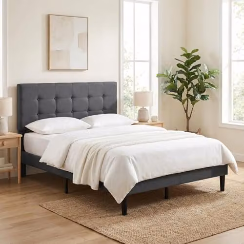 Levede Upholstered Fabric Bed Frame in Grey, W/D/H: 140 x 200 cm – 6