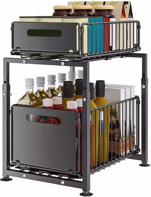 FORGEVIO 2-Tier Metal Pull Out Basket Under Sink Kitchen Cupboard Organiser in Black – 1