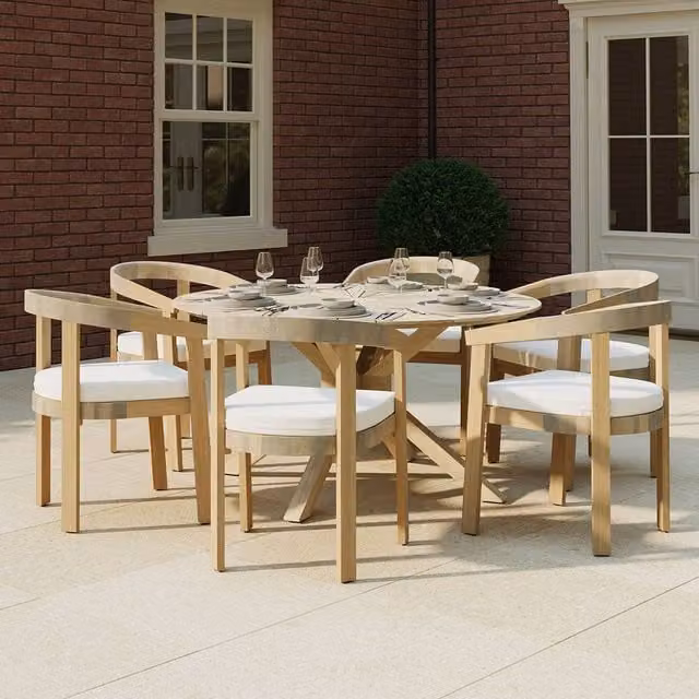 Charles Bentley Delgada Round Acacia Outdoor Dining Table with Sundial Slatted Top in Natural, W: 150 cm, D: 75.5 cm – 1
