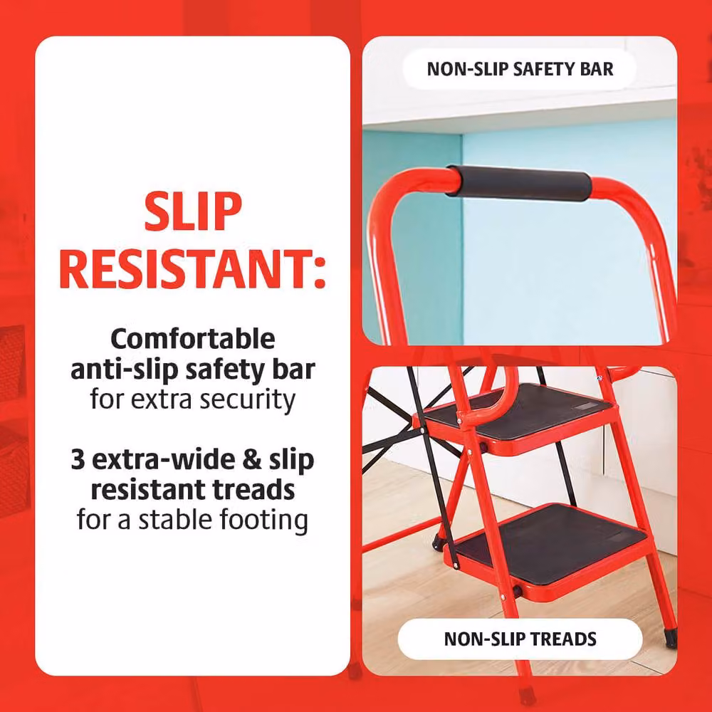 Coopers of Stortford Red 3-Step Steel Safety Ladder, H: 130 cm, W: 48 cm, D: 150 cm – 3