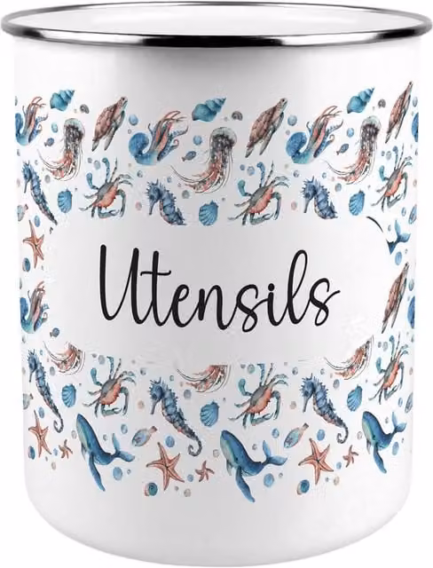 Purely Home Sea Art Kitchen Utensil Holder in Blue and White Metal