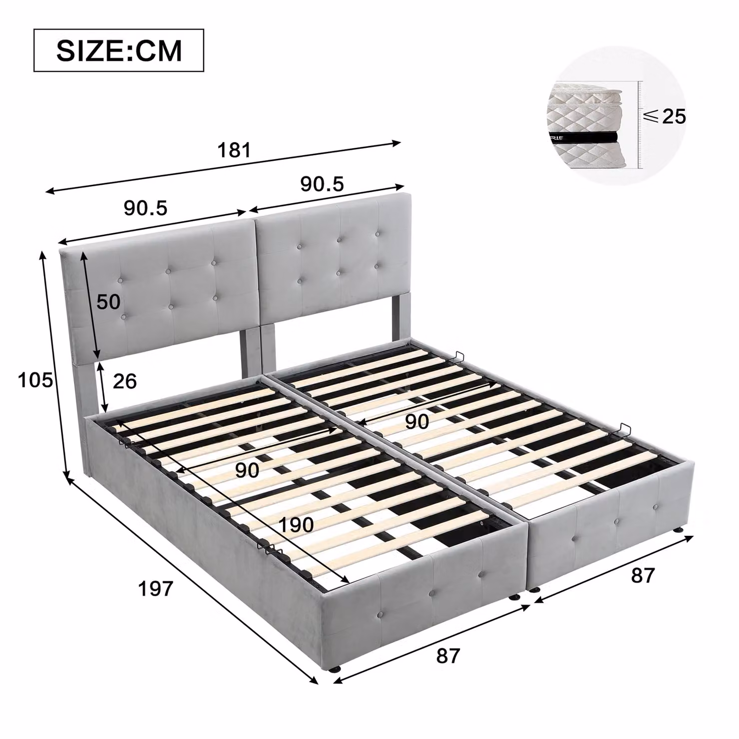 Matteo Grey Upholstered Hydraulic Double Bed with Velvet Fabric and Lift Up Base, W/D/H: 180 x 190 cm – 3