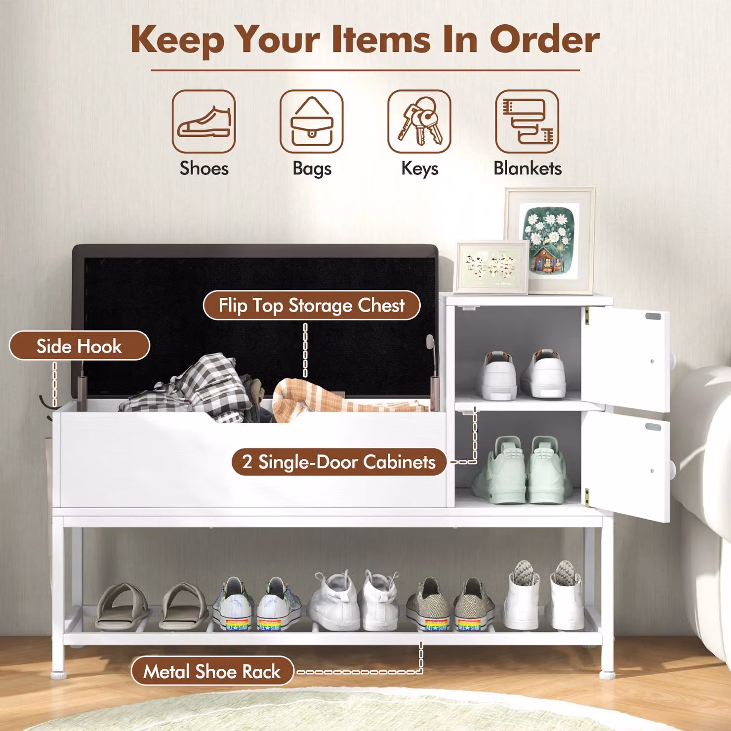 Gymax White Shoe Storage Bench with Flip Top and 2 Drawers – 3