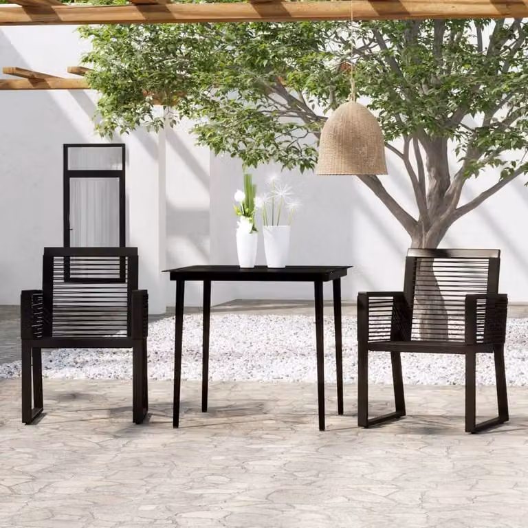 Berkfield Home 3 Piece Modern Square Garden Dining Set in Matt Black Powder Coated Steel and Glass