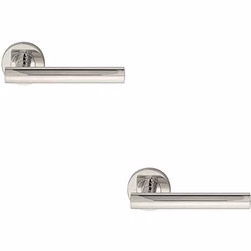 Loops Pair of Straight Round T-Bar Door Handles on Round Rose in Polished Stainless Steel, Silver, Concealed Fix