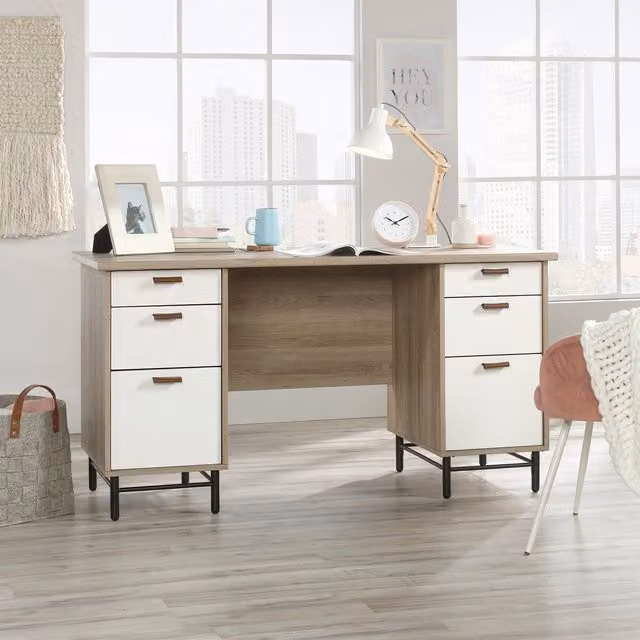 Teknik Avon Leather Handled Executive Desk in Sky Oak and White